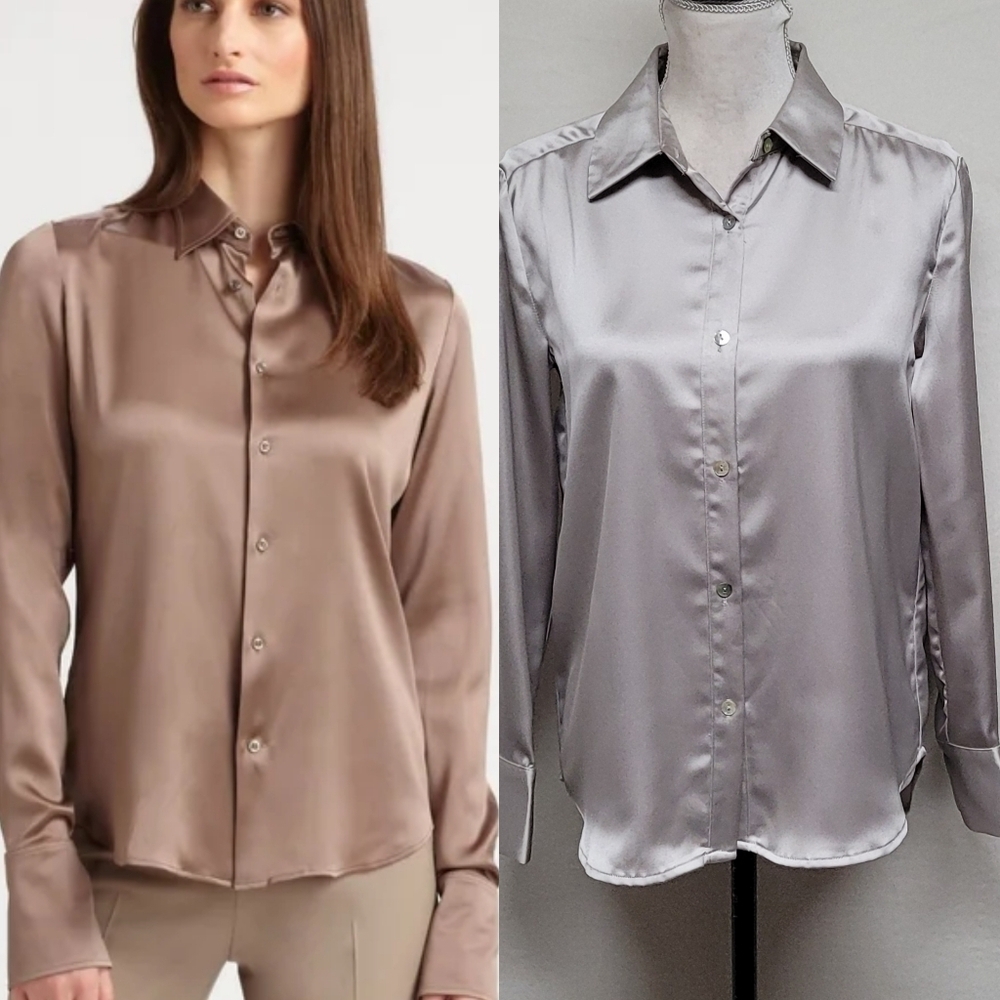 Rachel Zoe NWT Pewter Gray Silver Satin Rounded Hem Long Sleeve Button Up Blouse